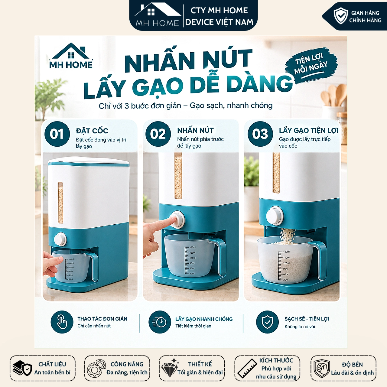 Thùng Gạo Thông Minh MH Home Nhựa PP, Thiết Kế Nhấn Nút Lấy Gạo, Kèm Cốc Đong, Gọn Gàng Tiện Lợi GD